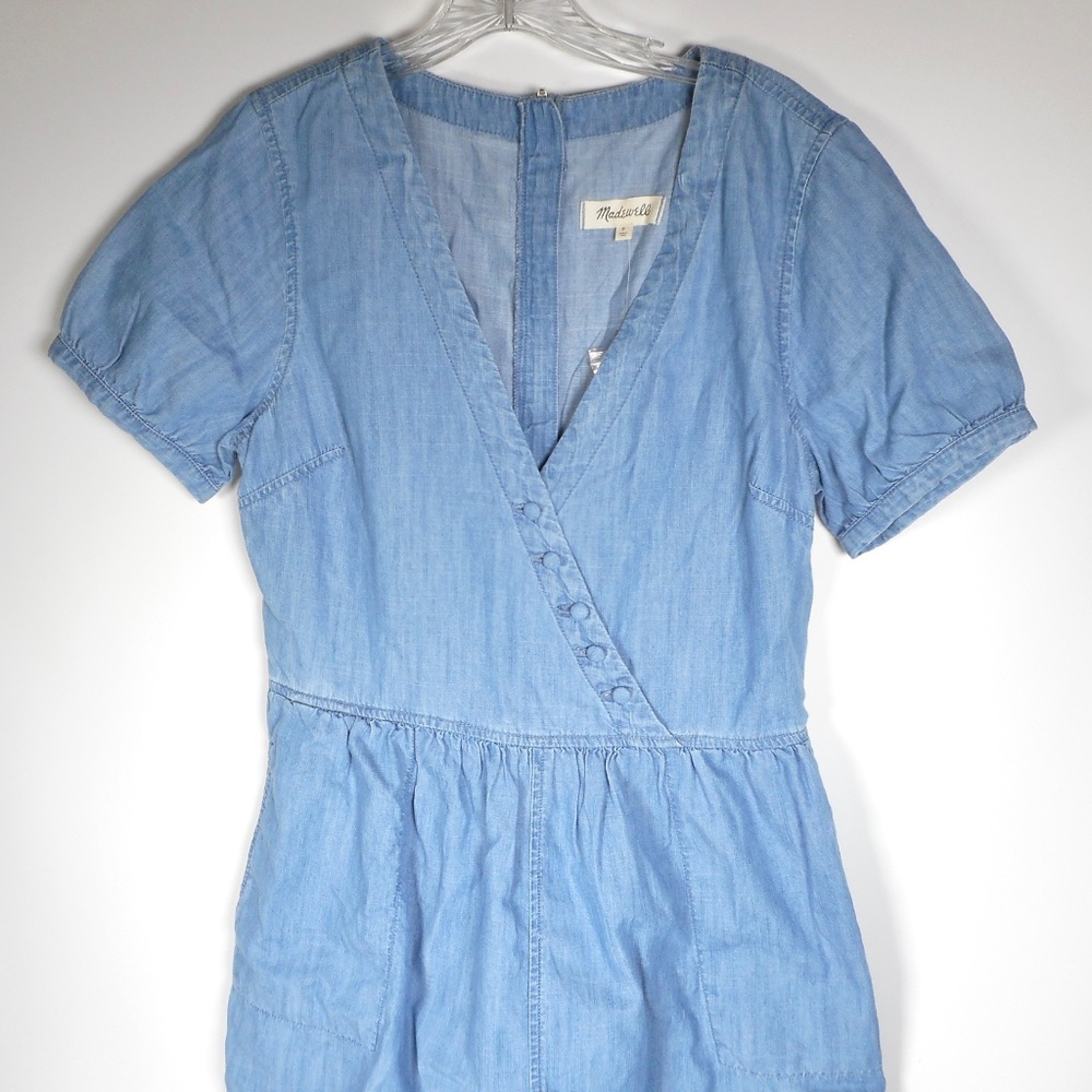 NWT Madewell Blue Lyocell Denim Style Romper Sz 8 Short Sleeve V-Neck Pockets